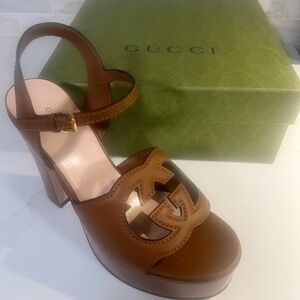 Brand New Gucci Women's Interlocking G Cut out - Brown Platform Leather Sandals